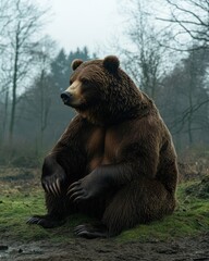 Wall Mural - A brown bear sitting calmly in a misty forest setting.