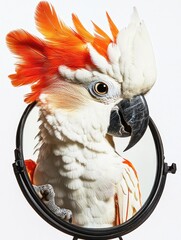 Wall Mural - A vibrant parrot with orange crest reflected in a circular mirror.