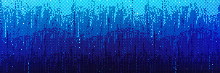Poster - Pixel bitmap pattern with blue gradient shade. Vertical pixelated streaks cascade downward. Digital rain effect with scattered luminous dots. Cyberpunk game background. Retro 8 bit videogame effect.