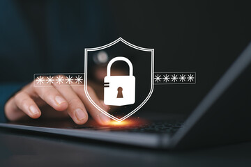 cyber security concept. lock icon and password input, women using laptop with a digital shield icon 