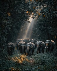 Wall Mural - A group of elephants walking through a sunlit forest path surrounded by lush greenery.