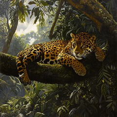 Spotted feline predator rests in a tree, a wild big cat's jungle domain
