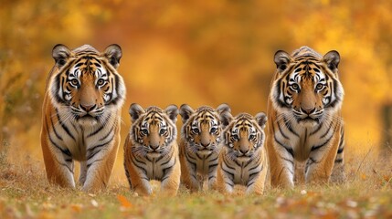 Wall Mural - A group of tigers walking together in a vibrant autumn setting.