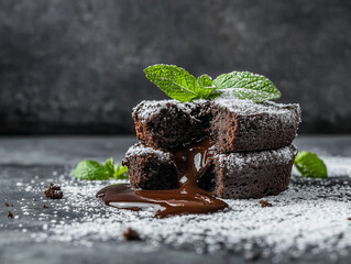 Wall Mural - Molten Chocolate Lava Cake with a Gooey Center and Mint Garnish