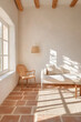 © VERTEX SPACE - cozy interior featuring light filled space with rattan chair, minimalist sofa, and warm terracotta flooring. soft textures and natural light create serene atmosphere