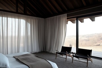 Wall Mural - A serene bedroom with large windows and minimalistic decor, offering a tranquil view.