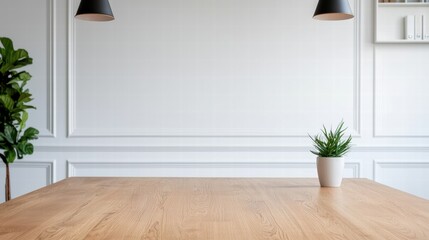 Aufkleber - Minimalist home office featuring empty wooden table, plants and soft lighting