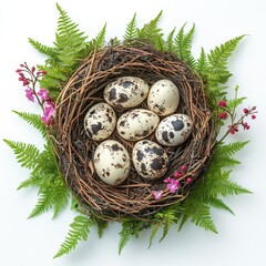 A nest containing seven speckled eggs surrounded by ferns and flowers.