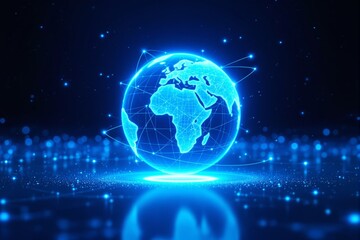 Aufkleber - Neon digital globe with connected network on glowing blue background.