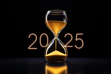 Poster - Hourglass representing time with a golden sand concept for 2025.