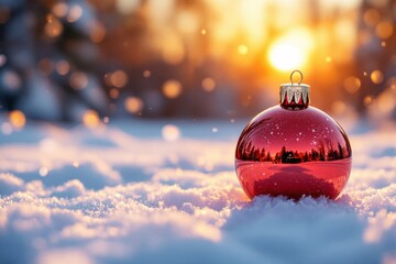 Poster - Christmas ornament on snowy surface with glowing sunset in the background.