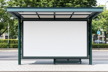Aufkleber - Blank billboard mockup at modern bus stop under green trees, placed on clean pavement, ideal for advertisement or presentation.