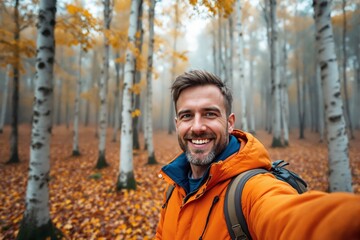 Poster - Man in an orange jacket smiling in a birch forest with autumn leaves on the ground and a foggy atmosphere in the background.