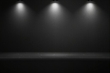 Poster - Minimal black textured wall illuminated by spotlights with marble surface below, perfect for modern branding and product display.