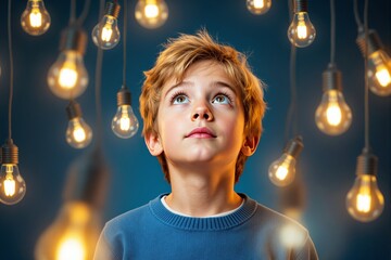 Aufkleber - Thoughtful boy surrounded by glowing light bulbs, looking upward, against a blue background. Concept of ideas and inspiration.