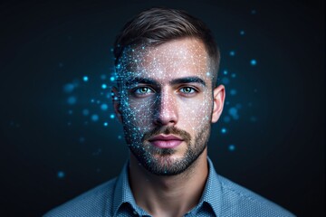 Aufkleber - Man's face with digital facial recognition network on dark background.