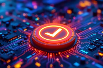 Aufkleber - Glowing checkmark button on futuristic circuit board background concept.