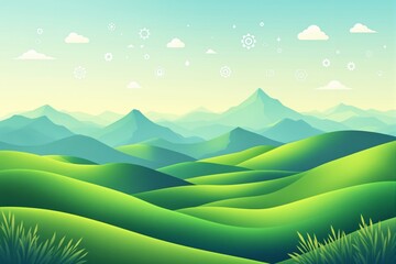 Poster - Scenic green hills with mountain background and light sky with creative symbols.