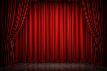 Aufkleber - Elegant red theater curtain with dramatic folds, tied at the sides, on a wooden floor under soft lighting.