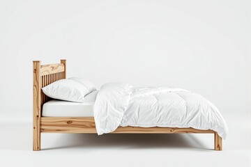 Poster - Wooden bed frame with white bedding on a minimal light background.
