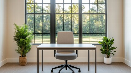Poster - Modern office desk overlooking peaceful green landscape through large windows, promoting focus and productivity