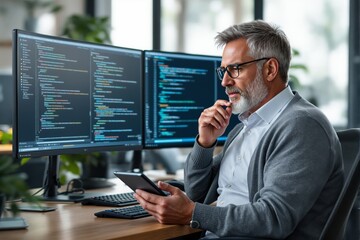 Aufkleber - Professional programmer analyzing code on dual monitors in modern office environment.