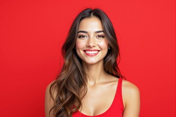 Wall Mural - Smiling woman with long brown hair in a red top against a vibrant red background.