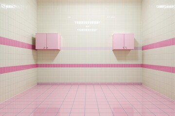 Aufkleber - Minimalistic pink and cream tiled room with wall cabinets.