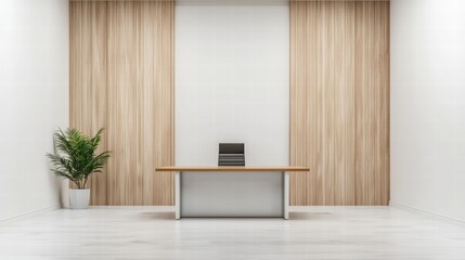 Poster - Modern minimalist office with wooden panels and sleek furnishings featuring laptop on table