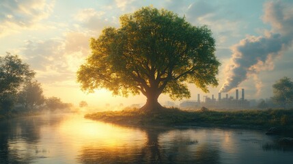 Green Tree and Meadow Compared to Factory Emitting Pollution Effects on Climate Change