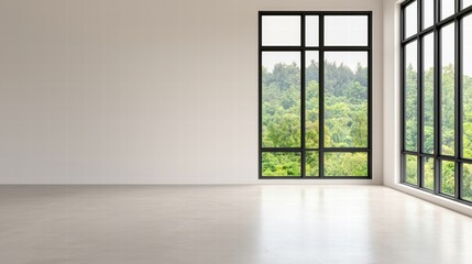 Poster - Modern empty office overlooking green trees through large windows