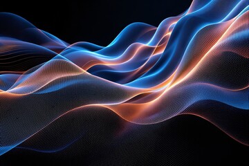 Poster - Abstract glowing waves of blue and orange light on a dark background.