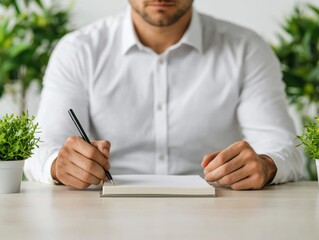 Poster - Businessman writing notes in notebook at desk with plants