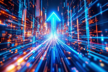 Poster - Futuristic digital arrow glowing with bright light in a vibrant data flow background.
