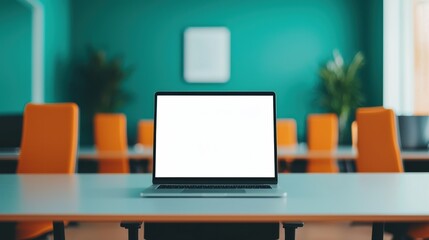 Poster - Laptop with blank screen standing on desk in modern office