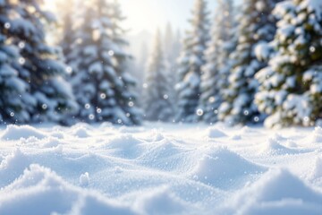 Poster - Snow-covered landscape with sunlight and blurred pine trees in the background.