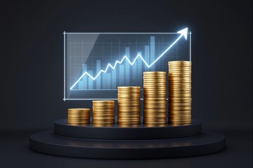 Poster - Stacked gold coins with glowing upward graph on dark background.