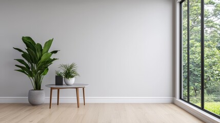 Poster - Modern minimalist living room with plants and window overlooking garden