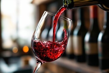 Aufkleber - Pouring red wine into a glass in a dimly lit setting with blurred background of wine bottles.