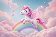 © Pixels Hunter - Cute flying unicorn with pink mane and wings above rainbow in a dreamy sky with hearts and clouds.