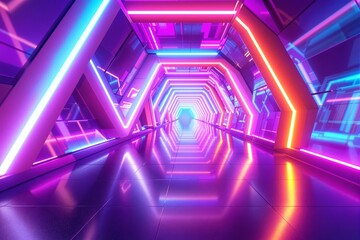 Poster - Futuristic neon-lit hallway with vibrant lights and reflective floor.