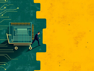 Aufkleber - A businessman pushes a cart filled with a circuit board, symbolizing technology and innovation against a vibrant yellow background.