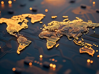 Aufkleber - A digital world map illuminated with glowing lines and dots, symbolizing global connectivity and technology.