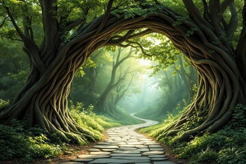 Poster - Enchanted forest path with twisted trees and soft sunlight filtering through lush green foliage.