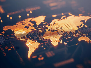 Aufkleber - A digital world map with glowing golden outlines, representing global connectivity and technology in a modern design.