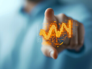 Aufkleber - A hand reaches out with a glowing digital graph representing data analysis and trends in a modern, tech-focused environment.
