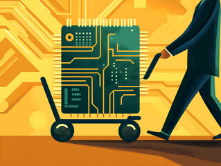 Aufkleber - A stylized illustration of a person wheeling a circuit board on a cart against a vibrant, tech-inspired background.