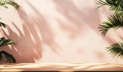 Poster - Pink wall with palm shadows, wooden surface.