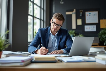 Poster - Focused businessman working at a desk with a laptop in a modern office environment.