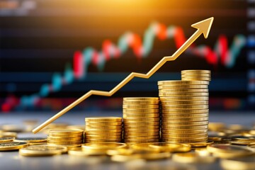 Poster - Stacked gold coins with upward arrow and stock chart background illustrating financial growth concept.